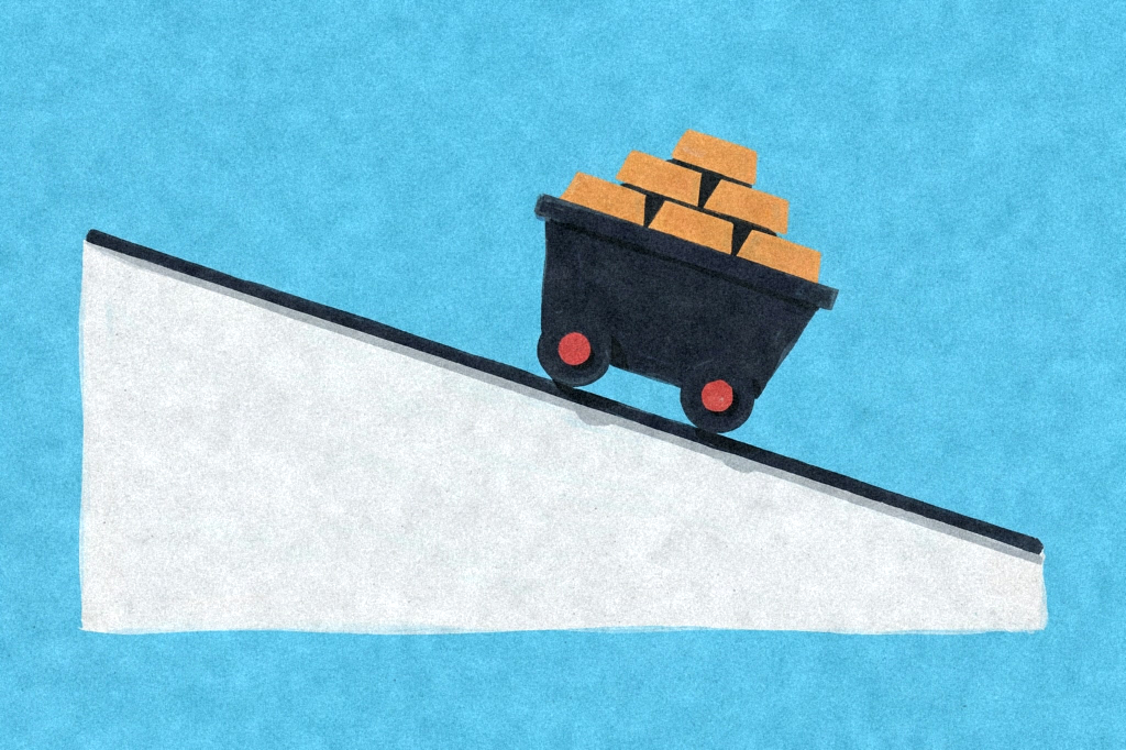 NEM down 4.6% on gold retreat; 10-Year Treasury at 4.96% — editorial illustration
